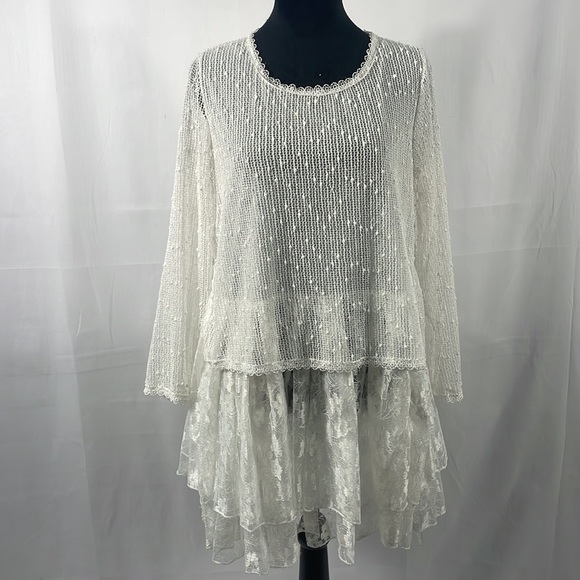 Simply Couture, Baby doll, layered Dress,Lace, with bow tie scarf, White, Medium - Picture 2 of 10